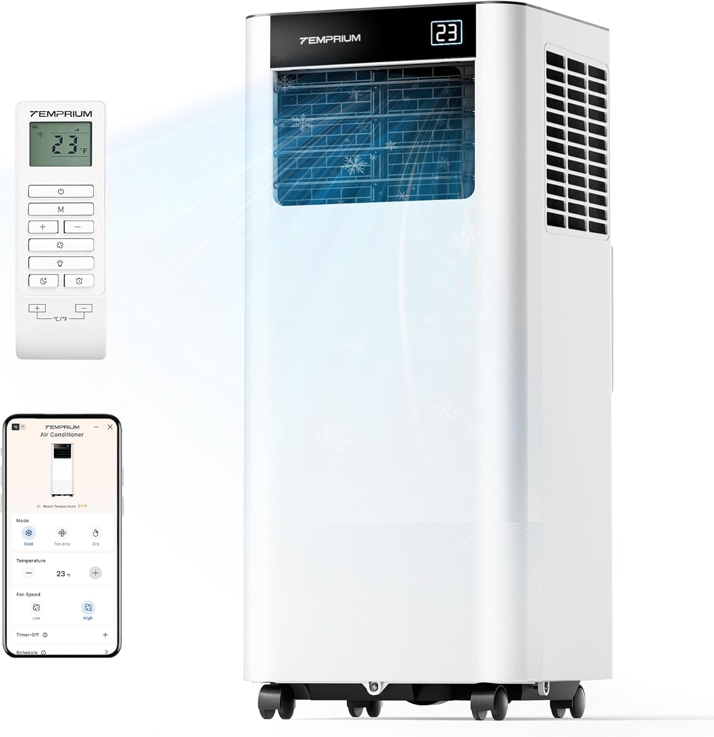 Temprium Climatiseur Mobile 7000 BTU, Silencieux <48 dB, Contrôle Via Application/Télécommande, Idéal Pour Pièces Jusqu'à 20 m2, Blanc/Noir