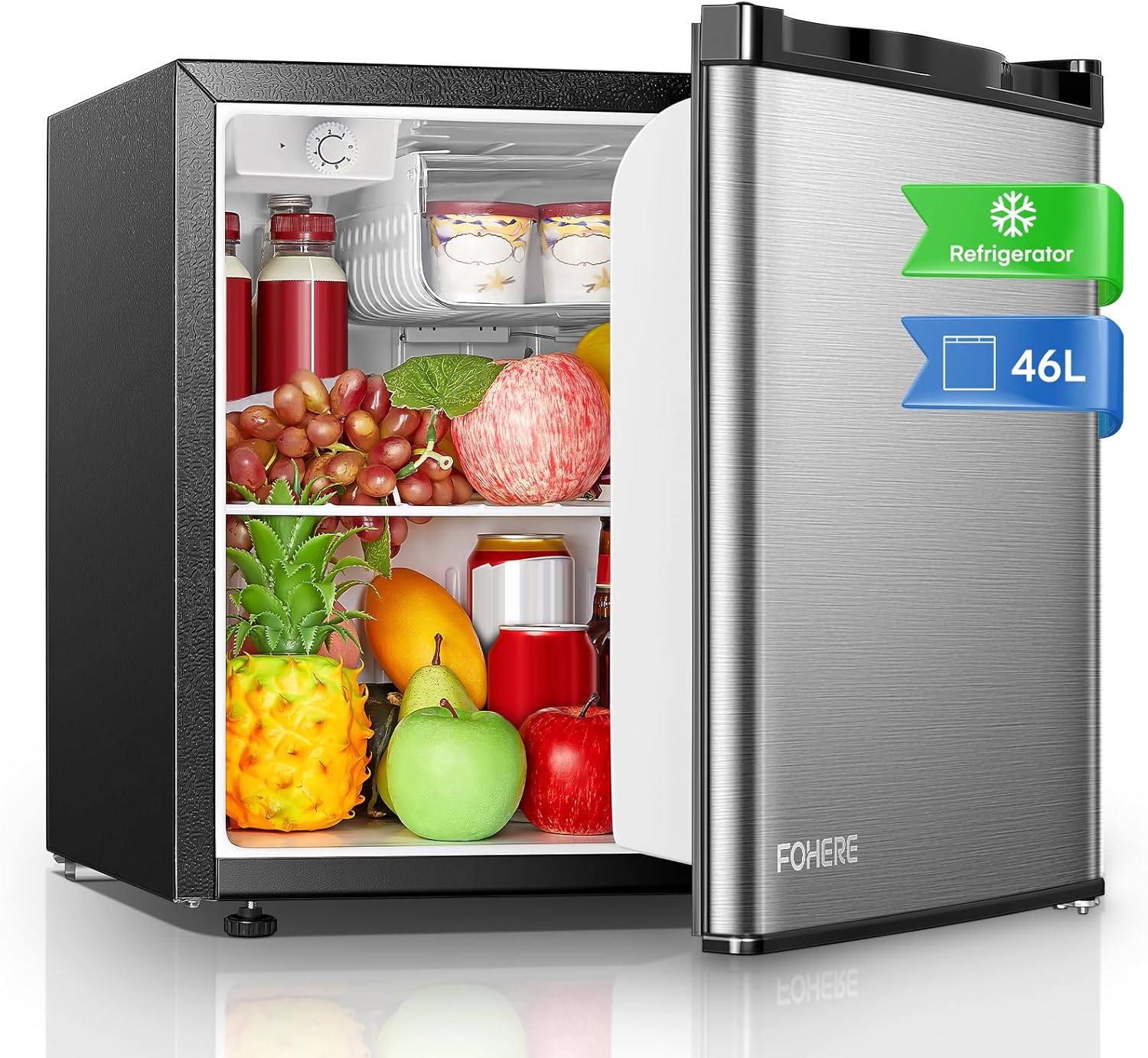 FOHERE Mini Réfrigérateur 46L, Petit Frigo avec Thermostat Réglable, Inox, Adapté à la Maison et au Bureau, Noir/Argent, Économie d'Énergie, Hôtel