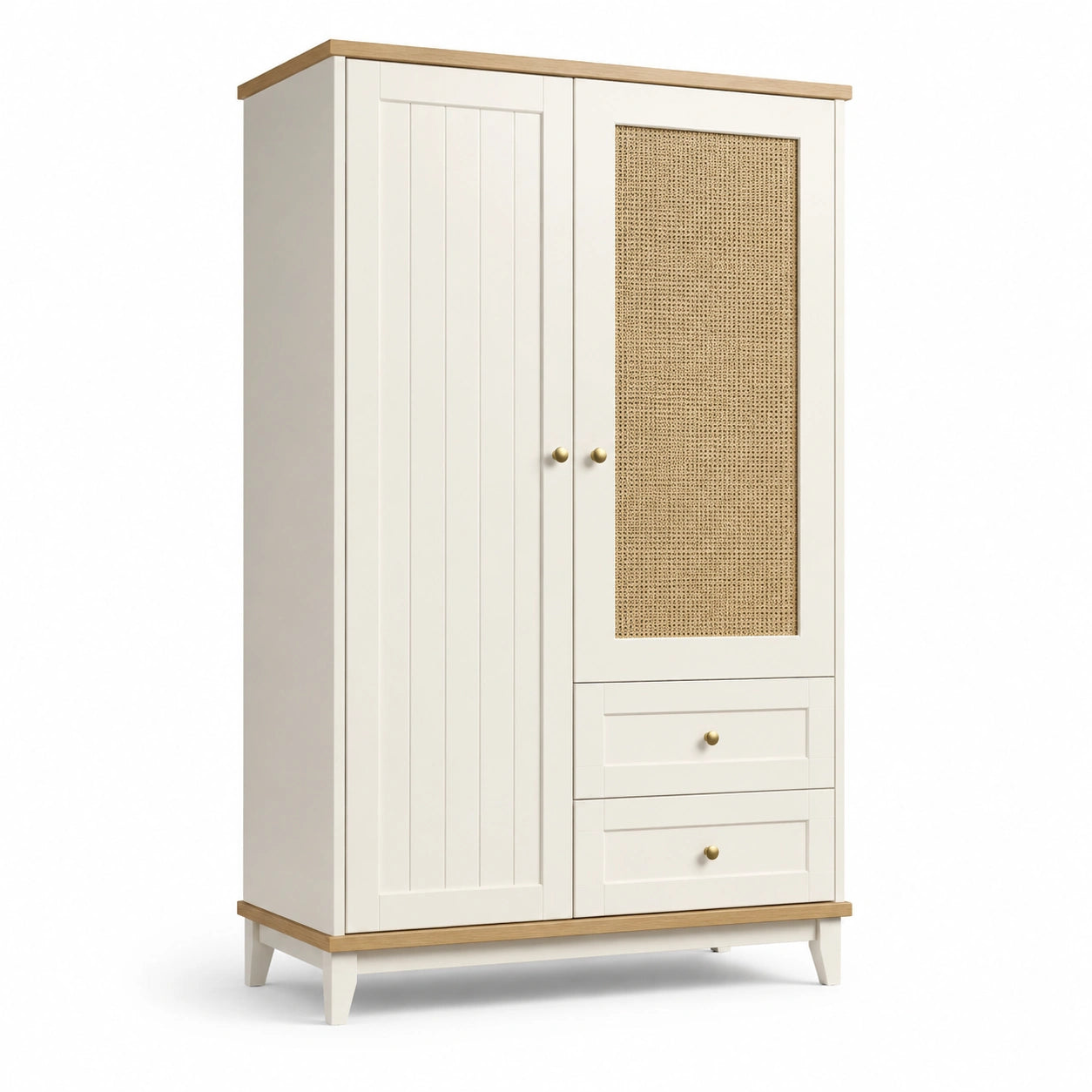 Armoire en bois et rotin blanc avec deux portes et tiroirs