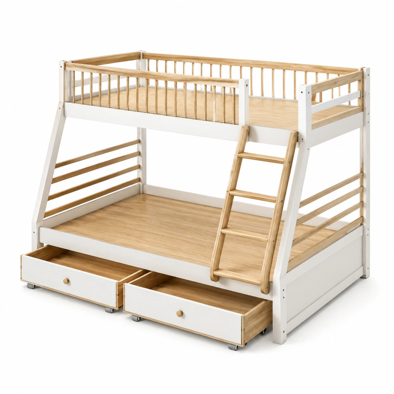 Lit superposé en bois et métal avec tiroirs, chêne/blanc