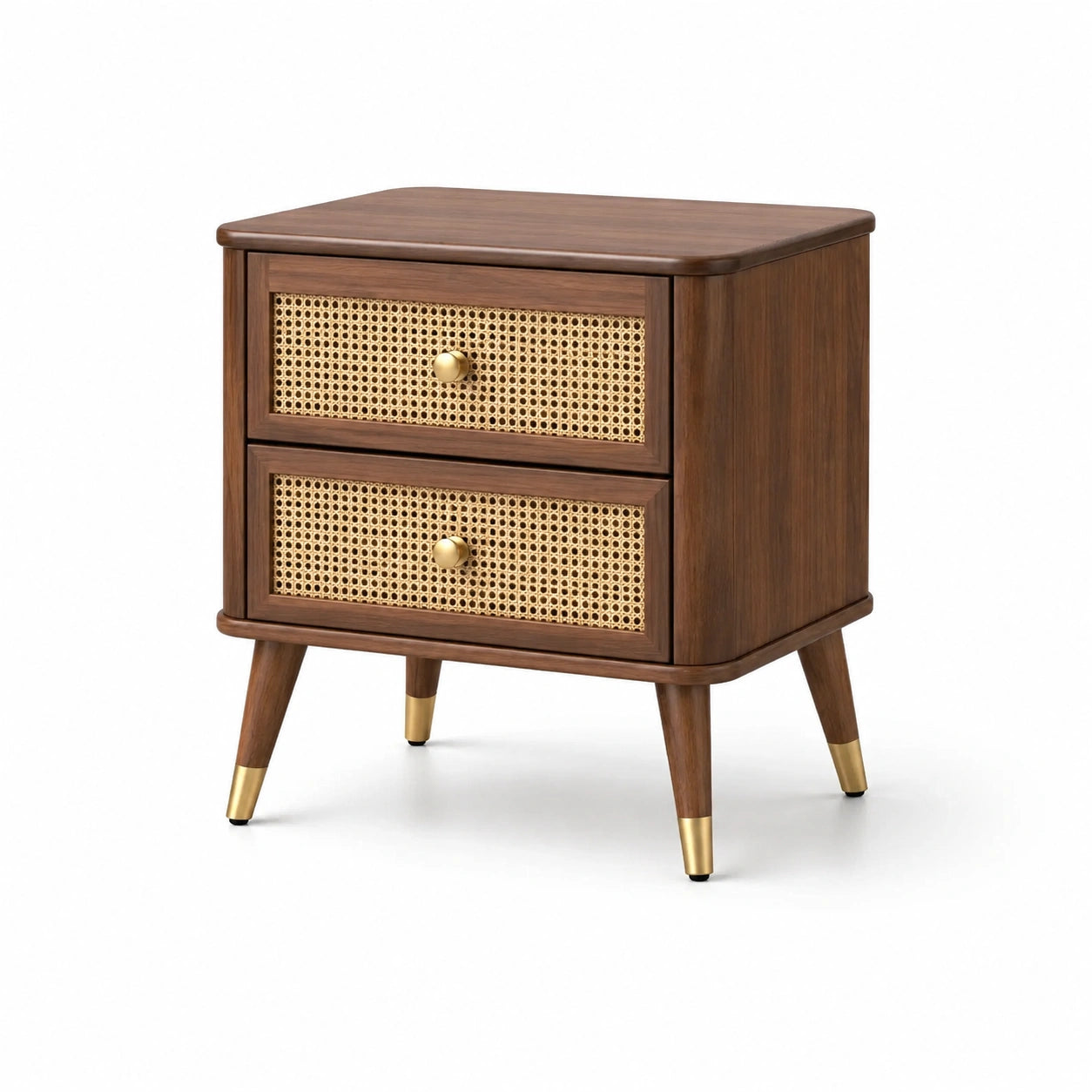 Table de chevet en bois beige avec tiroirs et accents dorés