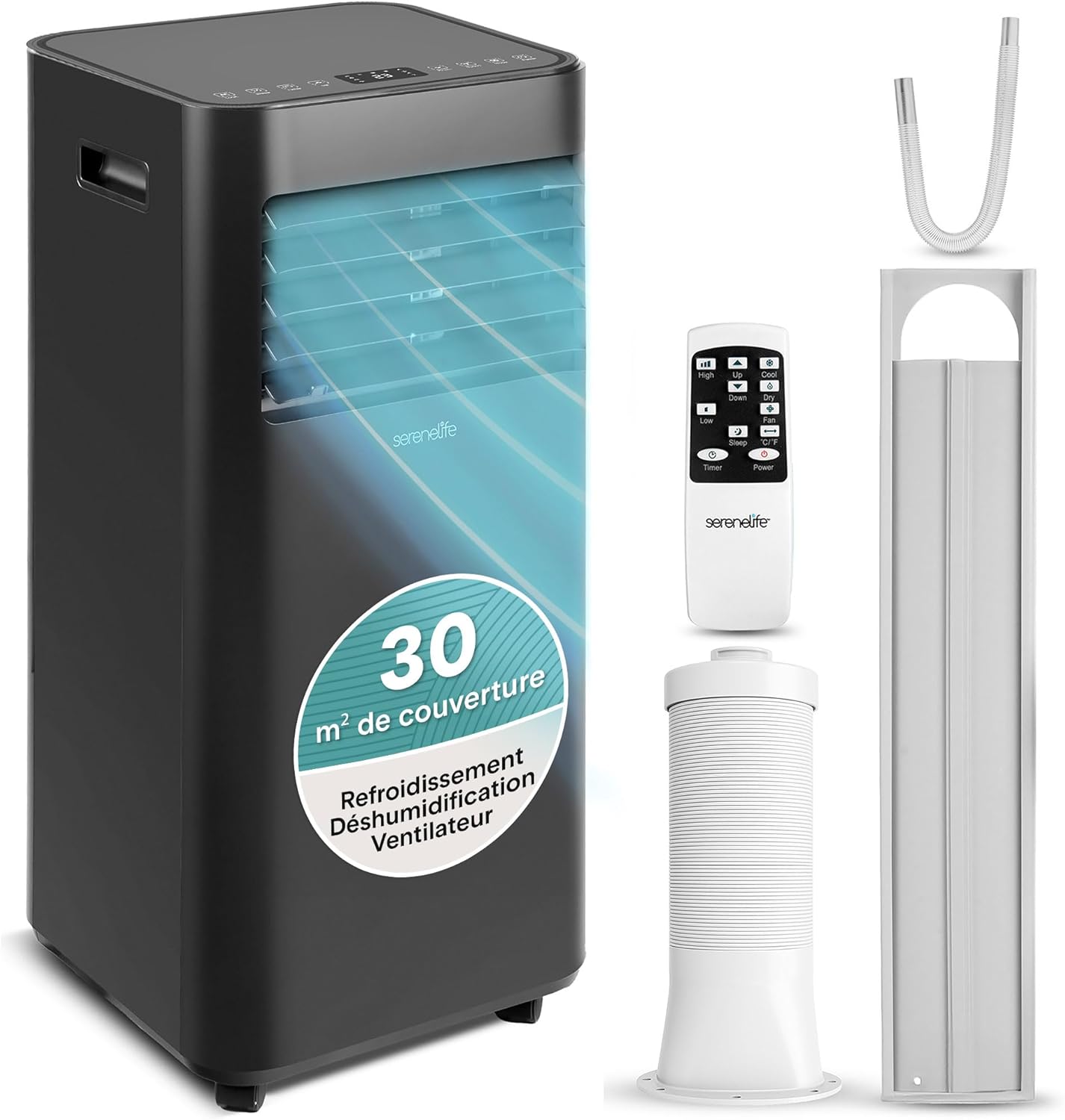 SereneLife Climatiseur Mobile 9000 BTU 2, 0 kW, Silencieux 54 dB, Télécommande et Kit Fenêtre, Noir/Blanc, Climatiseur Portable avec Évacuation