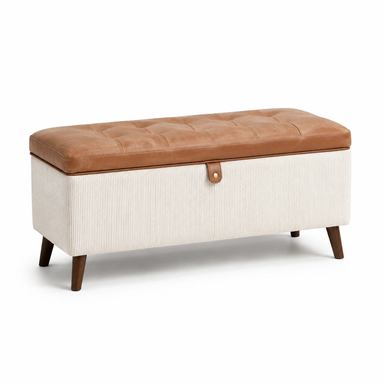Banc de rangement en bois et tissu beige avec assise en cuir synthétique