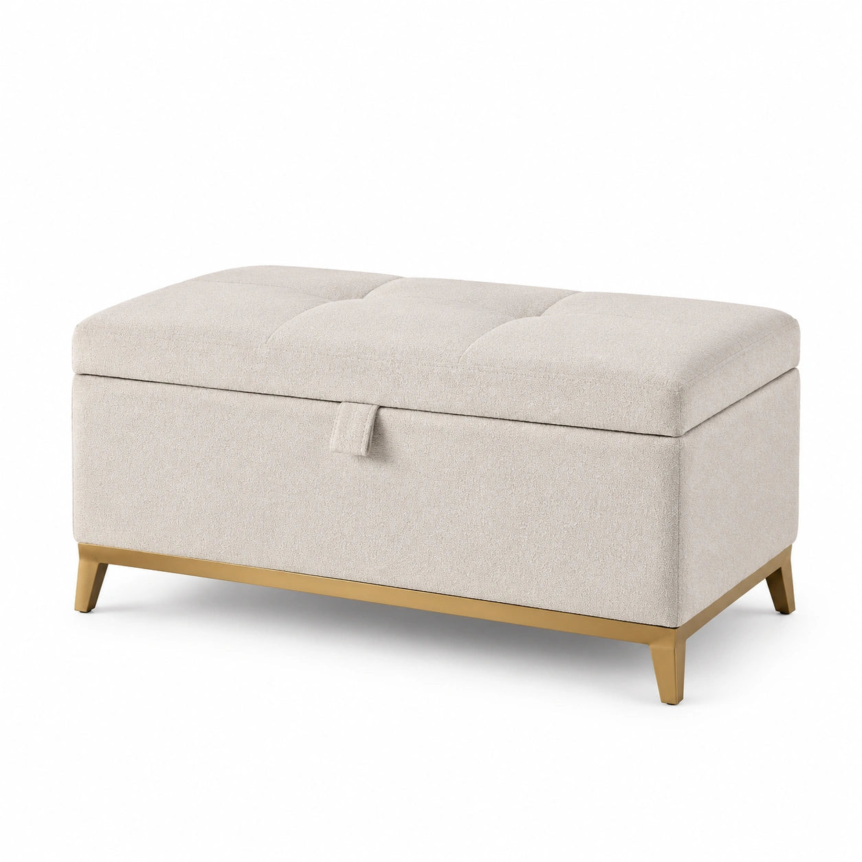 Banc de rangement en tissu polyester beige avec pieds en métal