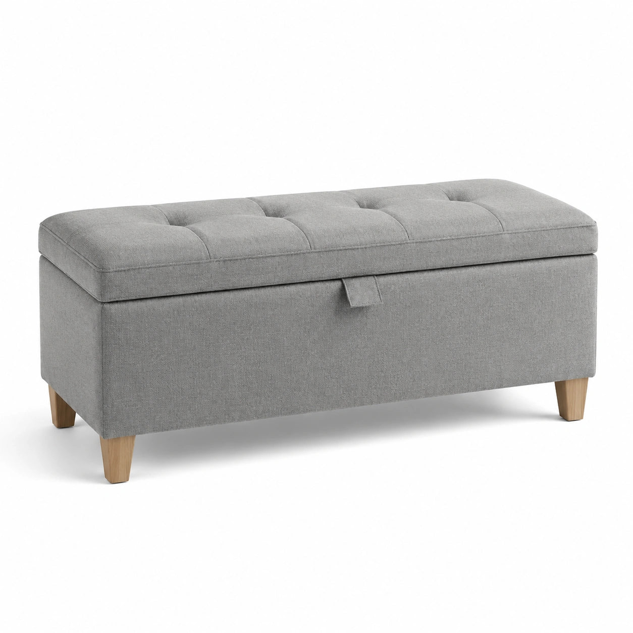 Banc de rangement en tissu gris avec pieds en bois