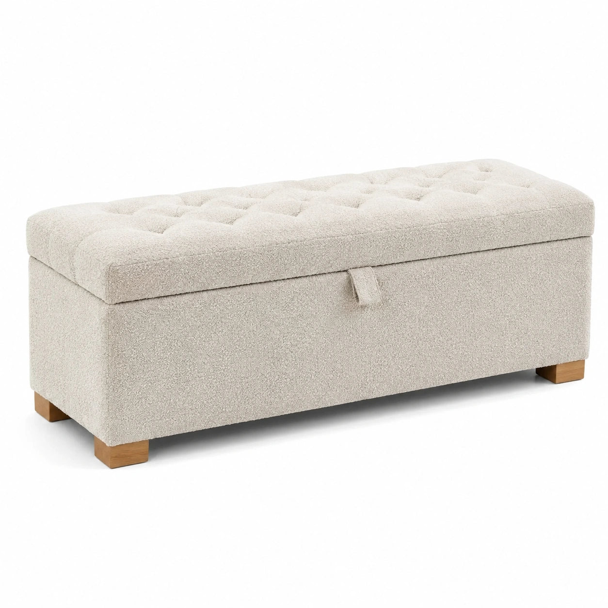 Banc de rangement en polyester beige avec pieds en bois