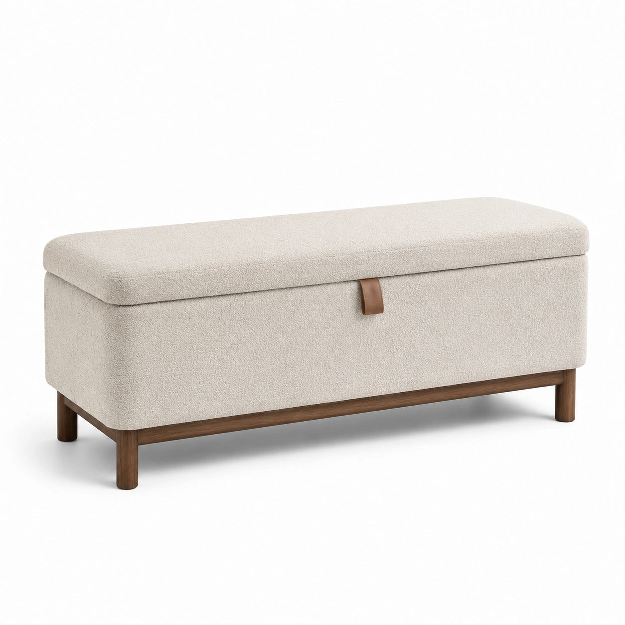 Banc de rangement en tissu polyester beige avec pieds en bois massif