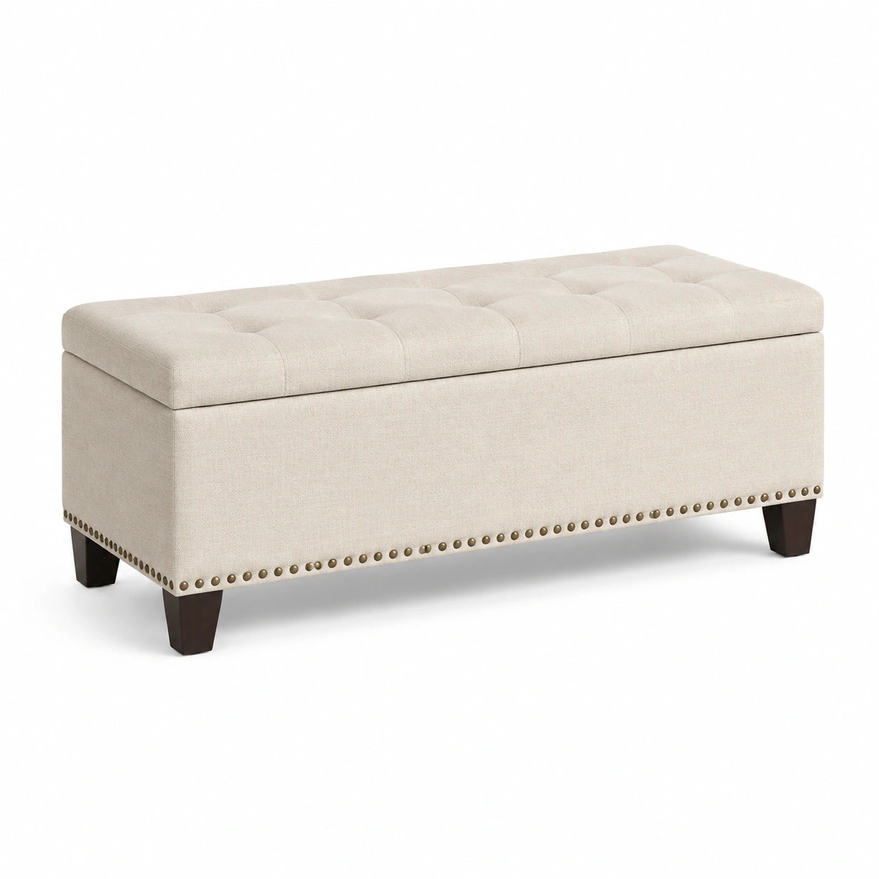Banc de rangement en tissu beige avec pieds en bois