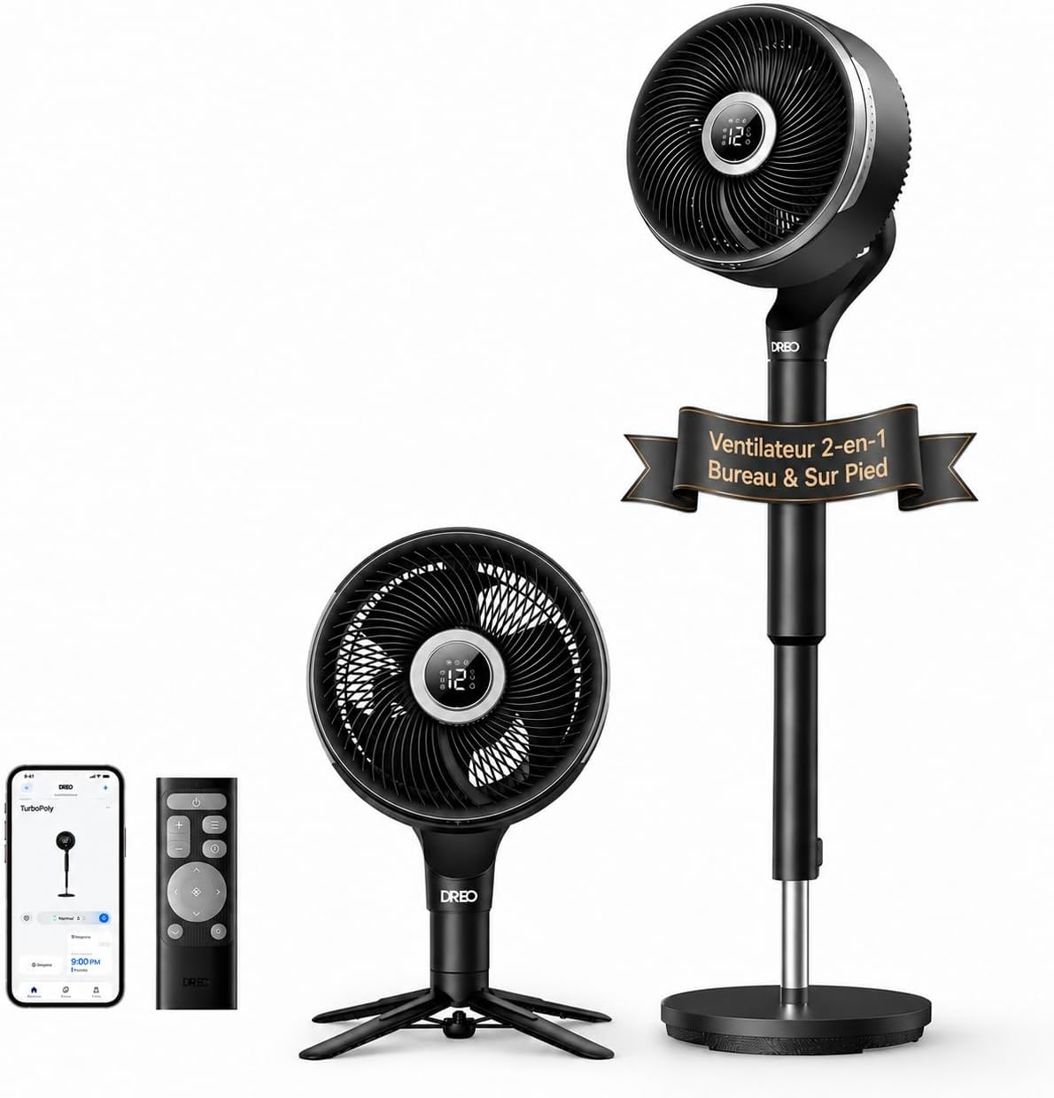DREO Ventilateur Intelligent sur Pied pour Chambre, 12 Vitesses, Télécommande, Noir, 6 Modes, 20 dB, Oscillation 3D 150°+100°, Minuterie 12 h
