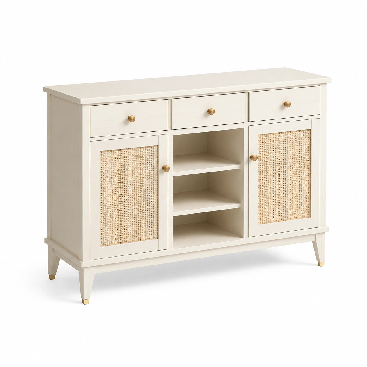 Buffet en bois blanc et rotin avec trois tiroirs 120x40x85 cm