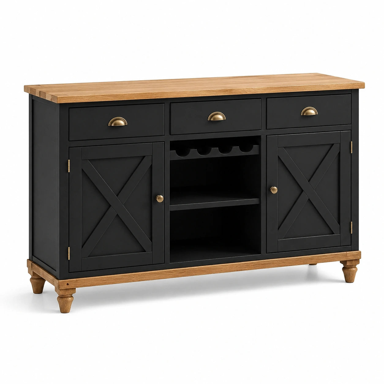 Buffet en bois avec 3 tiroirs et 2 portes noir et chêne