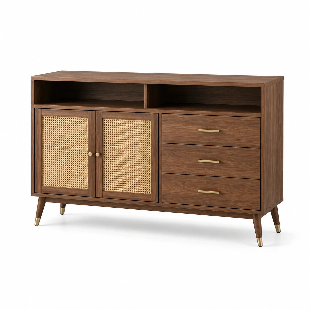 Buffet en bois avec portes en rotin et tiroirs en laiton