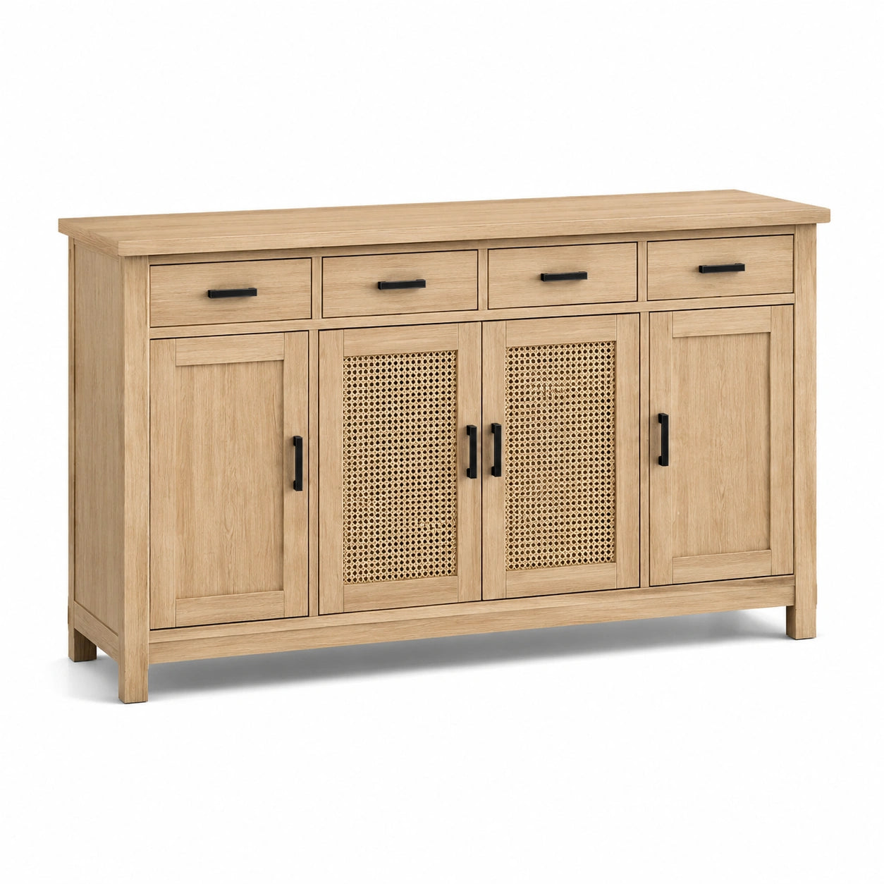 Buffet en bois avec portes en rotin et trois tiroirs