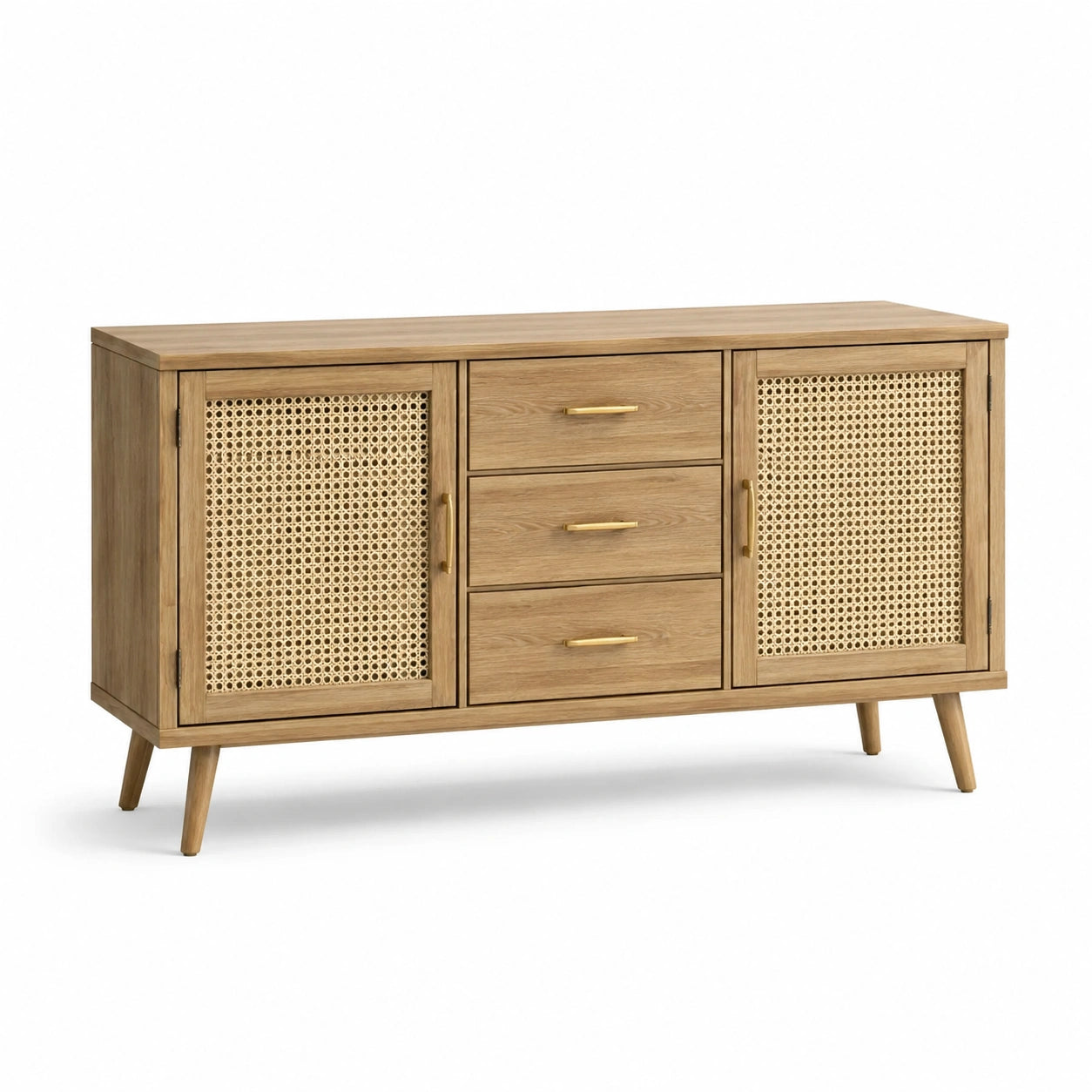 Buffet en bois avec portes en rotin 150x45x80 cm