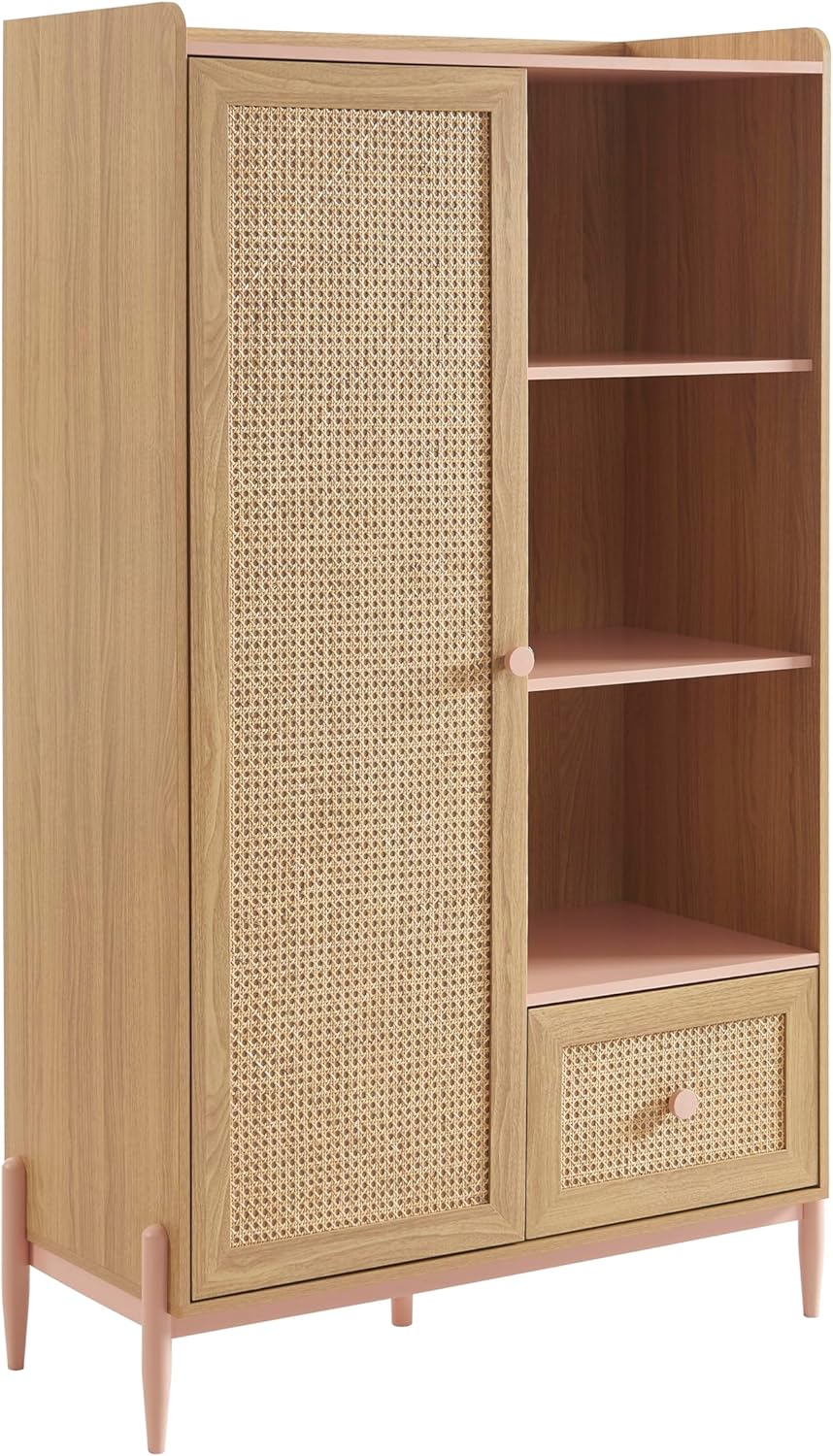Armoire Pablo Rose et cannage rotin 1 Porte et 1 tiroir, Rose/Beige – BAÏTA