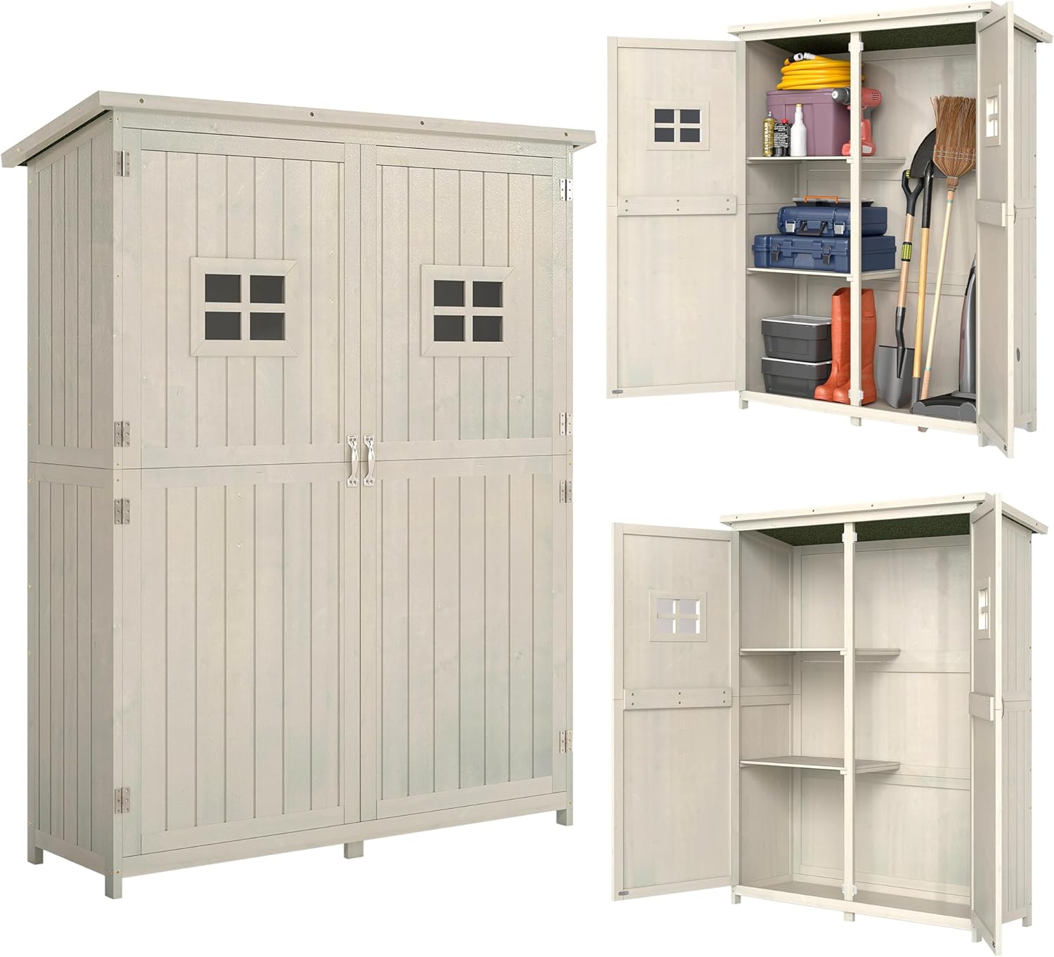 Outsunny 164H, Abri de jardin, Abri de Jardin en Bois Armoire de Jardin dim. 127, 5L x 50l x 164H cm 2 étagères 2 Portes 2, Gris