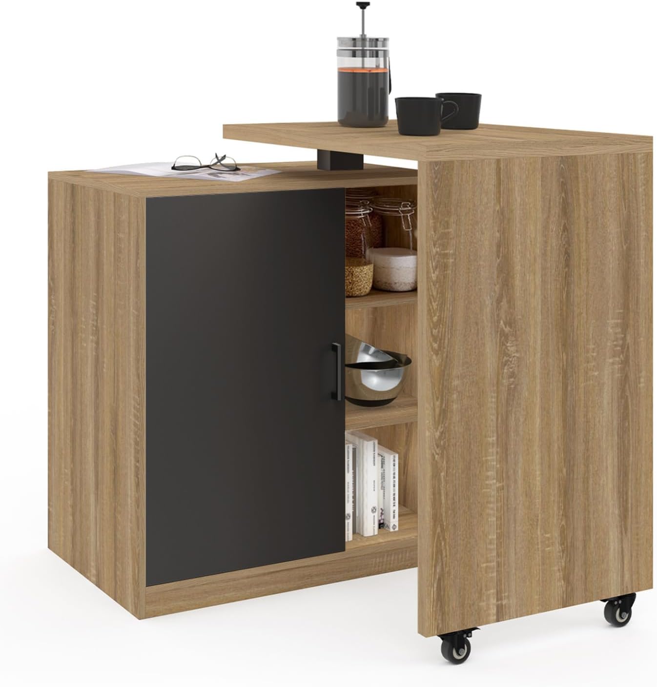 IDMarket, Îlot de rangement mobiles, Ilot rotatif POLO meuble de bar pivotant 2 en 1 imitation hêtre porte noire, Bois/Noir