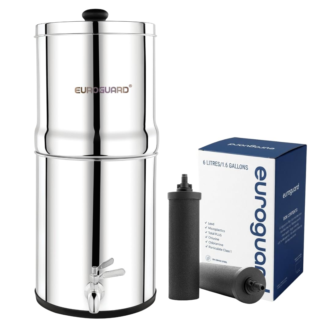 Purificateur d'eau, Filtre à Eau par Gravité 8, 5L, Sans Électricité, Robinet en Acier Inoxydable – Euroguard, Argent/Noir