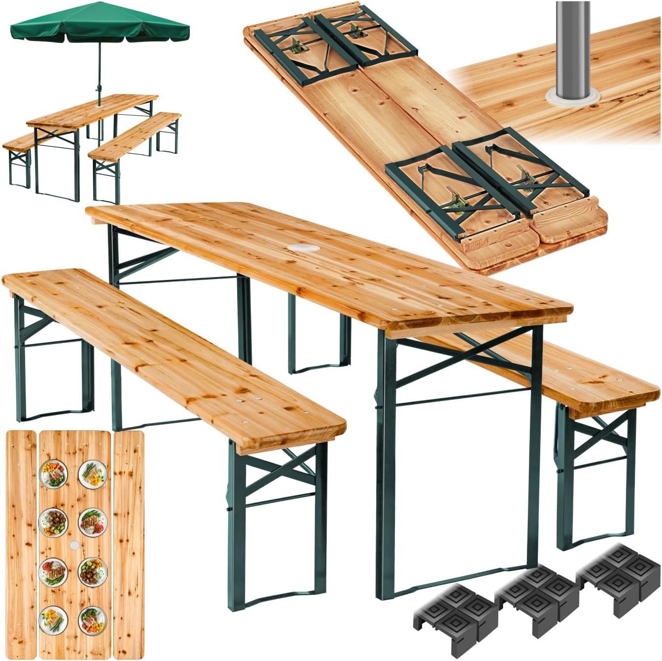 Salon de jardin, avec Support Parasol, Mobilier Solide pour Pique Nique Réceptions Barbecue Mariage – tectake, Bois/Vert