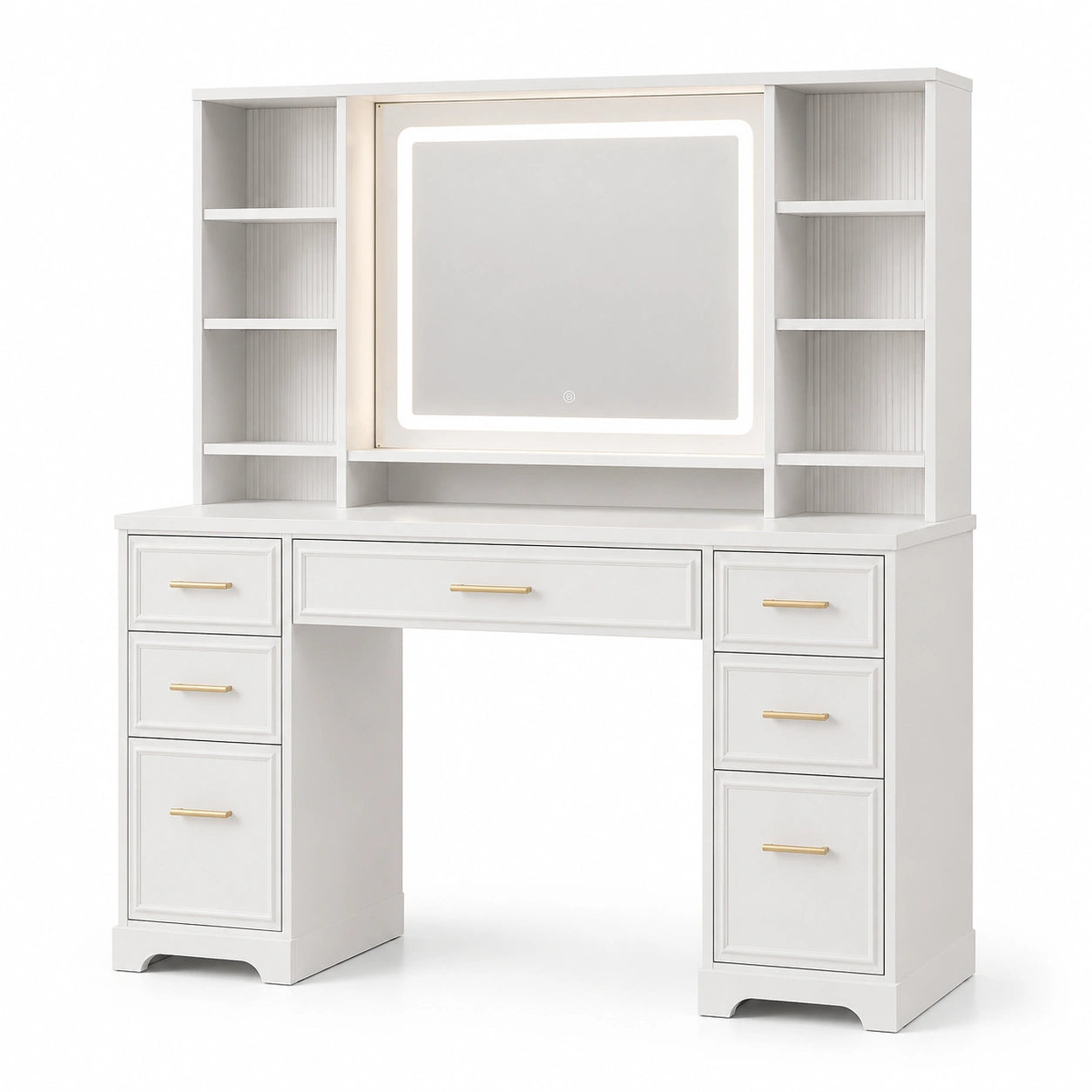 Coiffeuse en bois blanc avec miroir LED et étagères