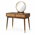 Coiffeuse en bois de noyer avec miroir rond et tiroirs en rotin