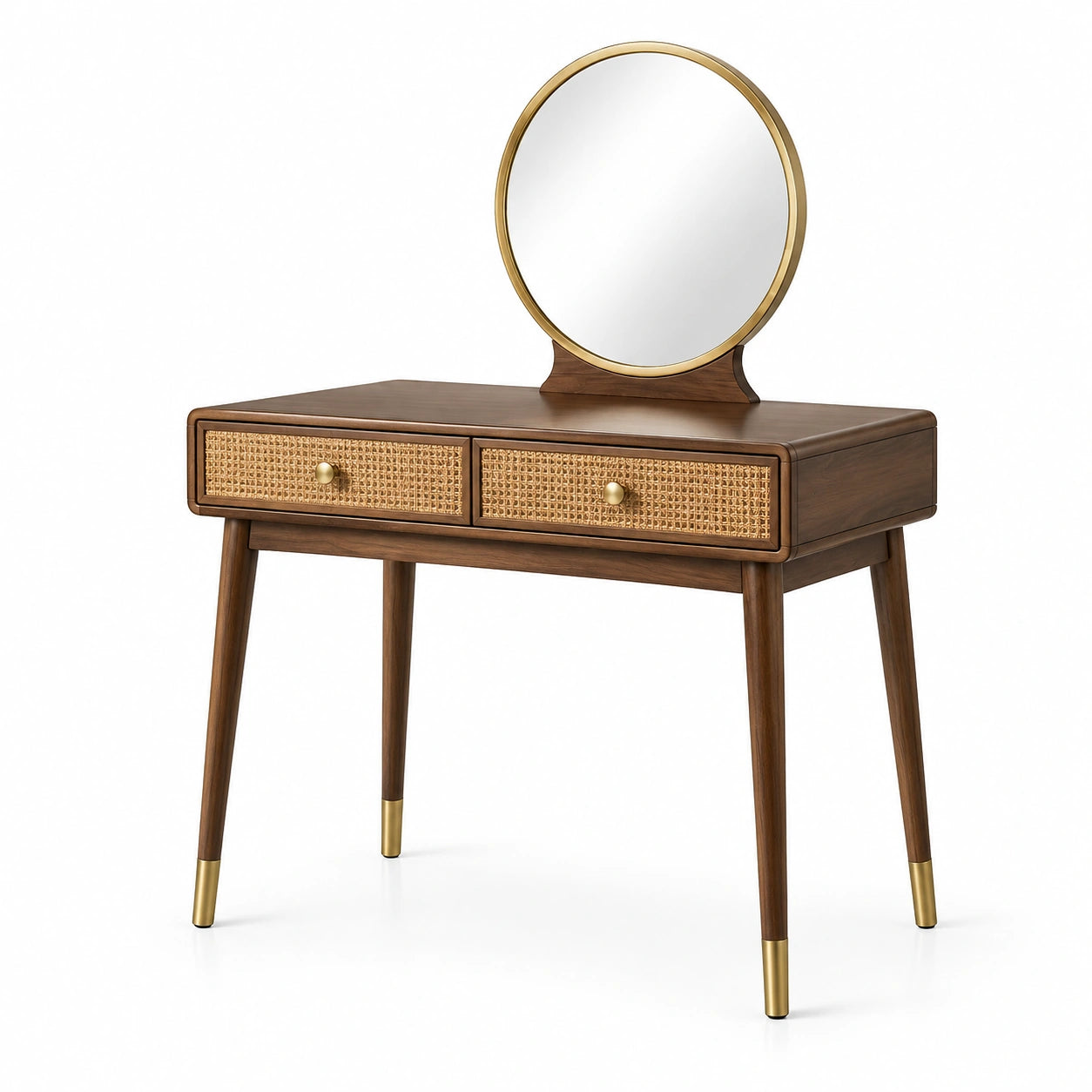 Coiffeuse en bois de noyer avec miroir rond et tiroirs en rotin