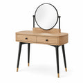 Coiffeuse en bois avec miroir rond et pieds en métal noir