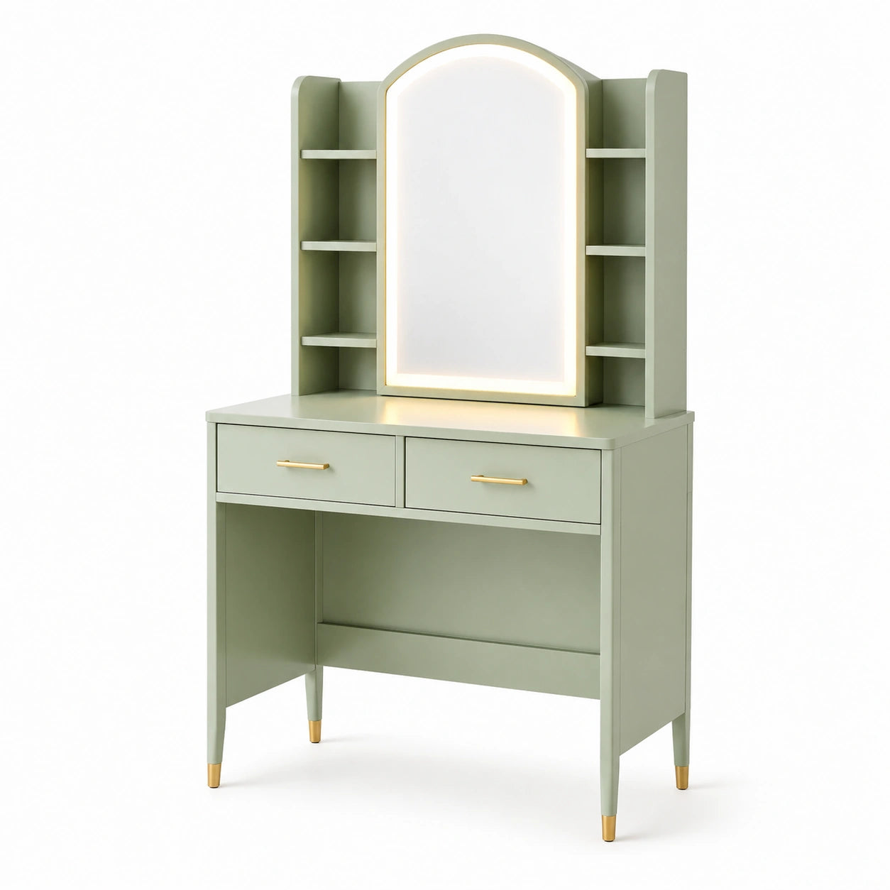 Coiffeuse en bois vert avec miroir LED et étagères