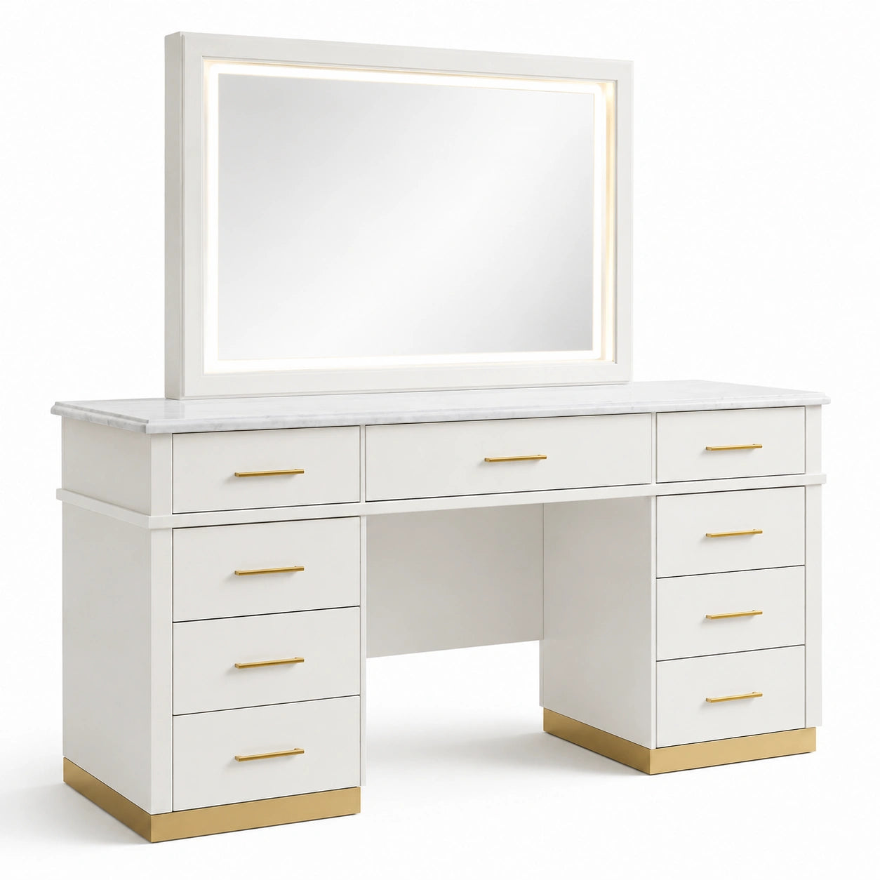 Coiffeuse MDF Blanc avec Miroir LED et Base en Métal