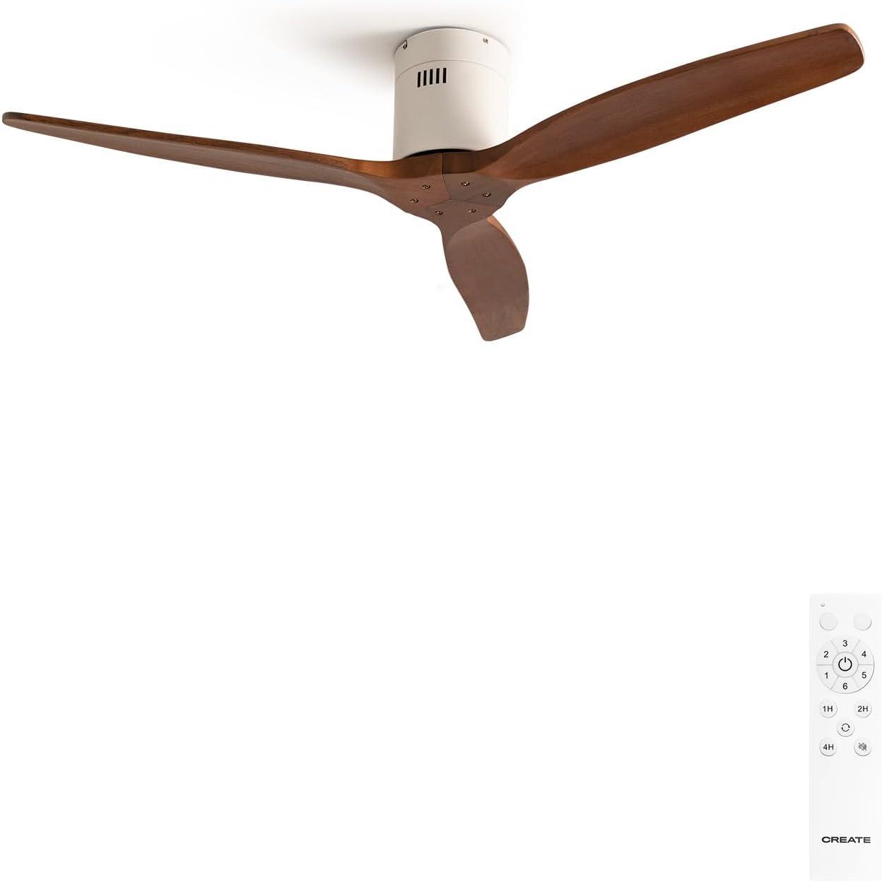 CREATE / WINDCALM M/Ventilateur de plafond ABS avec télécommande blanc pales effet bois, Ø132 cm, Blanc/Bois Foncé, 6 vitesses