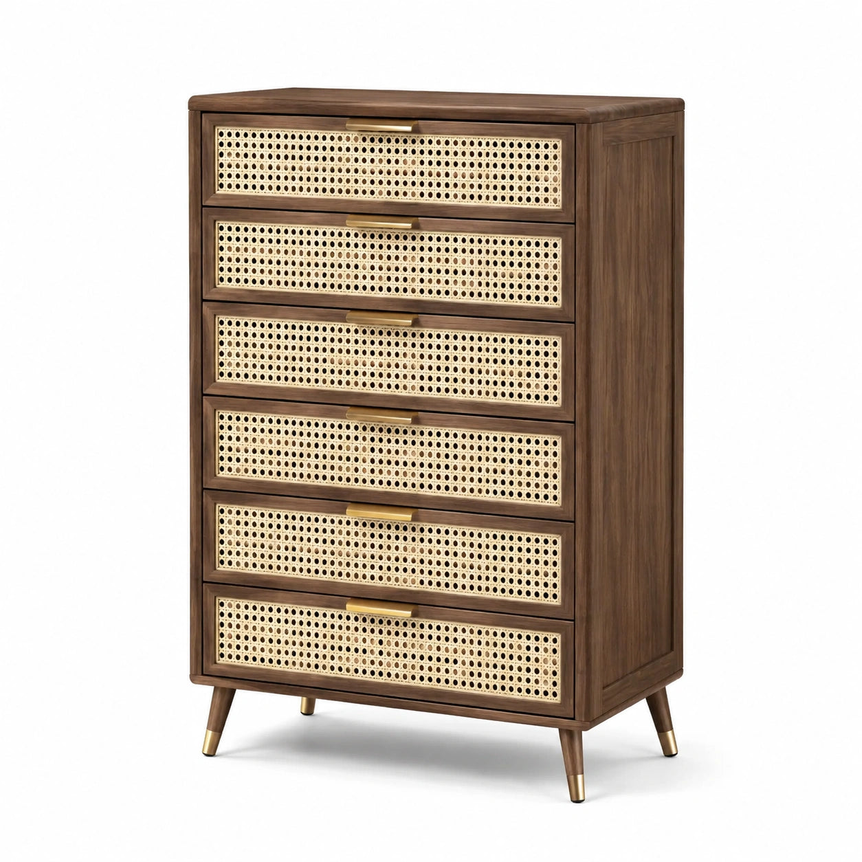 Commode en bois de noyer avec façade en rotin 6 tiroirs