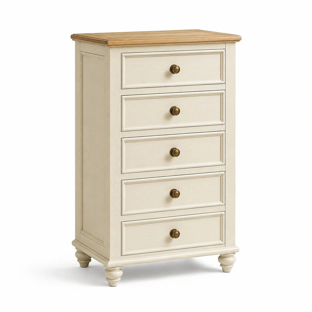 Commode haute 5 tiroirs bois chêne et MDF beige
