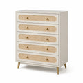 Commode en bois avec tiroirs en rotin 5 tiroirs blanc et beige
