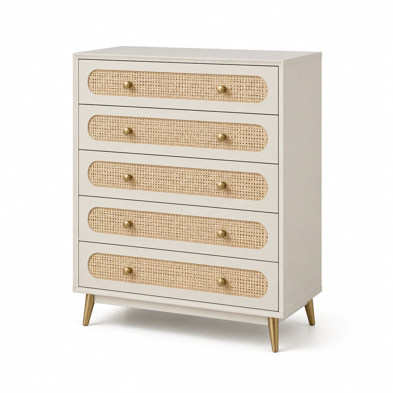 Commode en bois avec tiroirs en rotin 5 tiroirs blanc et beige