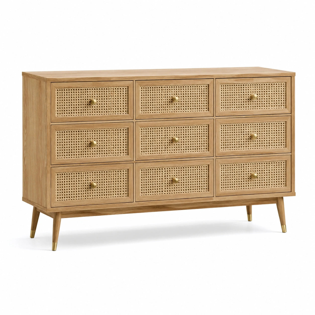 Commode en bois et rotin à 9 tiroirs chêne clair