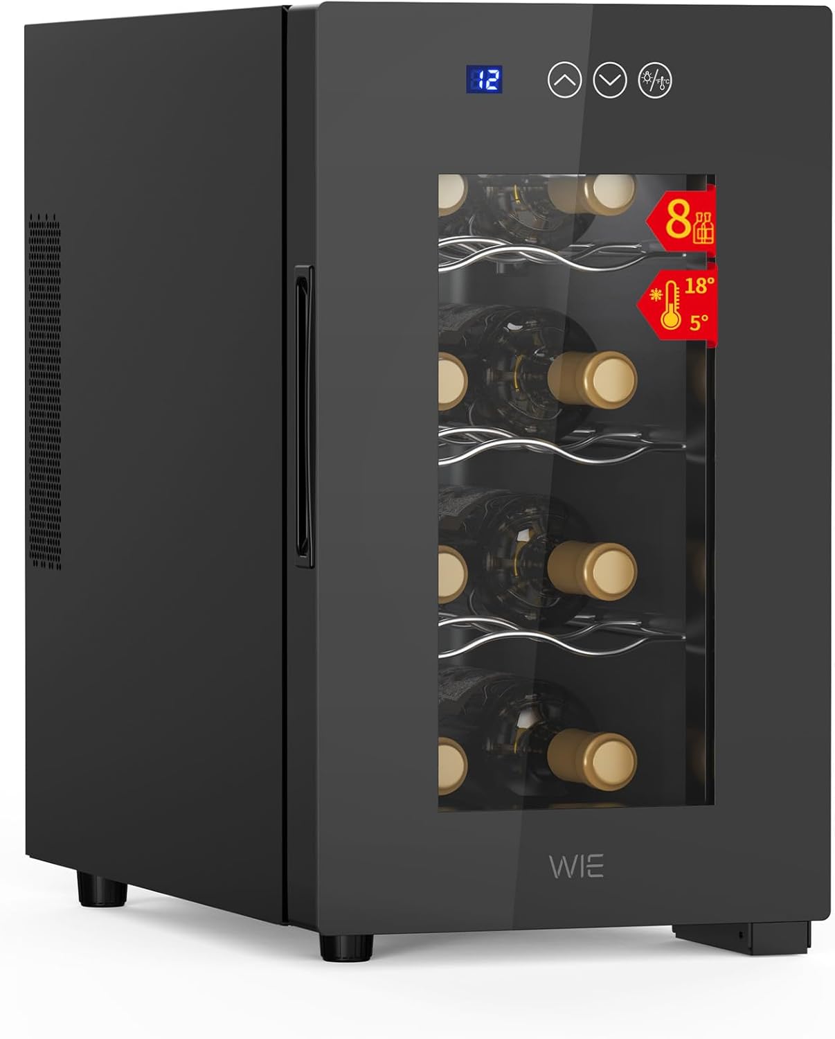 WIE C-18, Cave à vin autoportantes, Cave à Vin 8 Bouteilles 23L Réfrigérateur à Vin 5°C-18°C Refroidissement par Compresseur, Noir