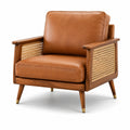 Fauteuil en cuir synthétique marron avec accoudoirs en rotin