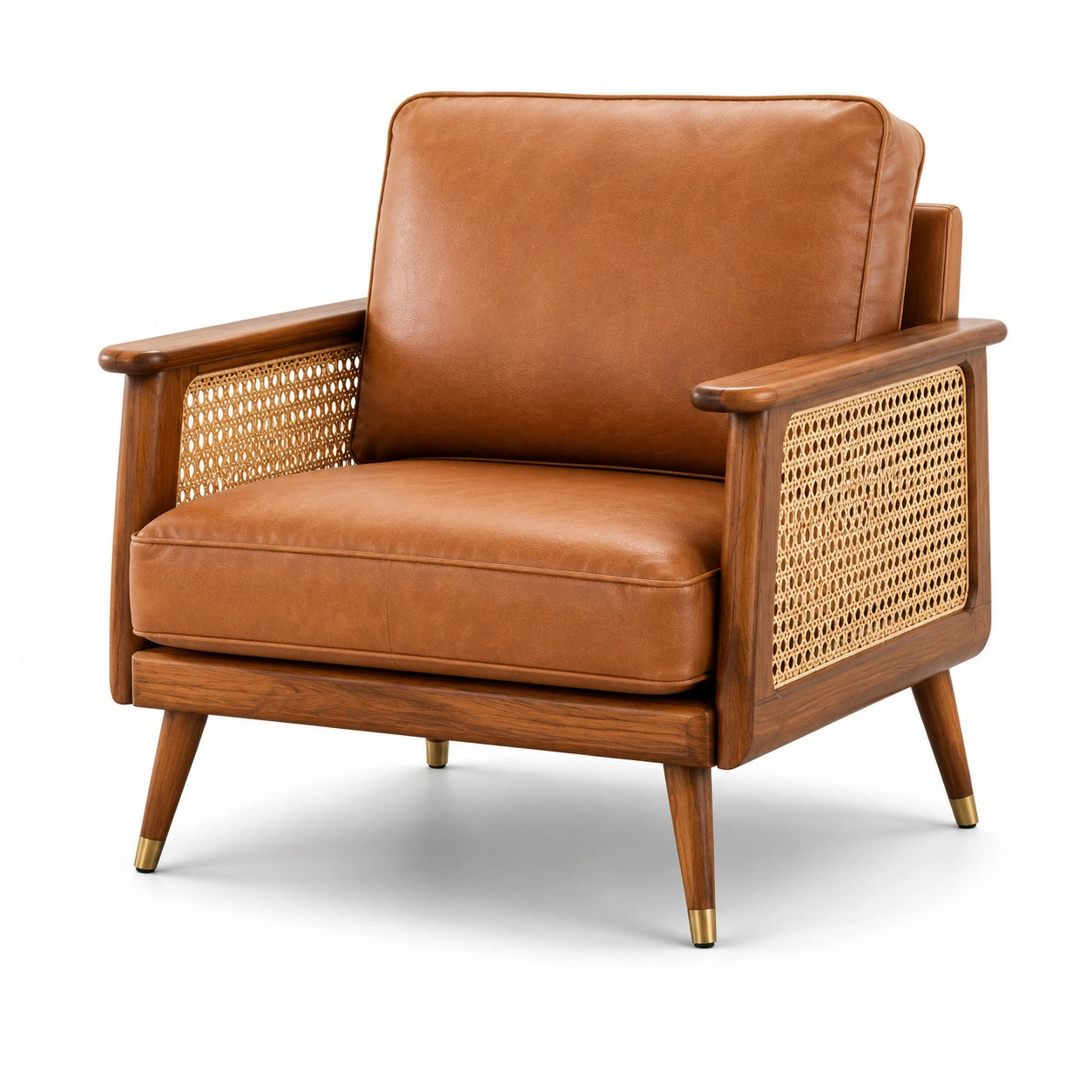 Fauteuil en cuir synthétique marron avec accoudoirs en rotin