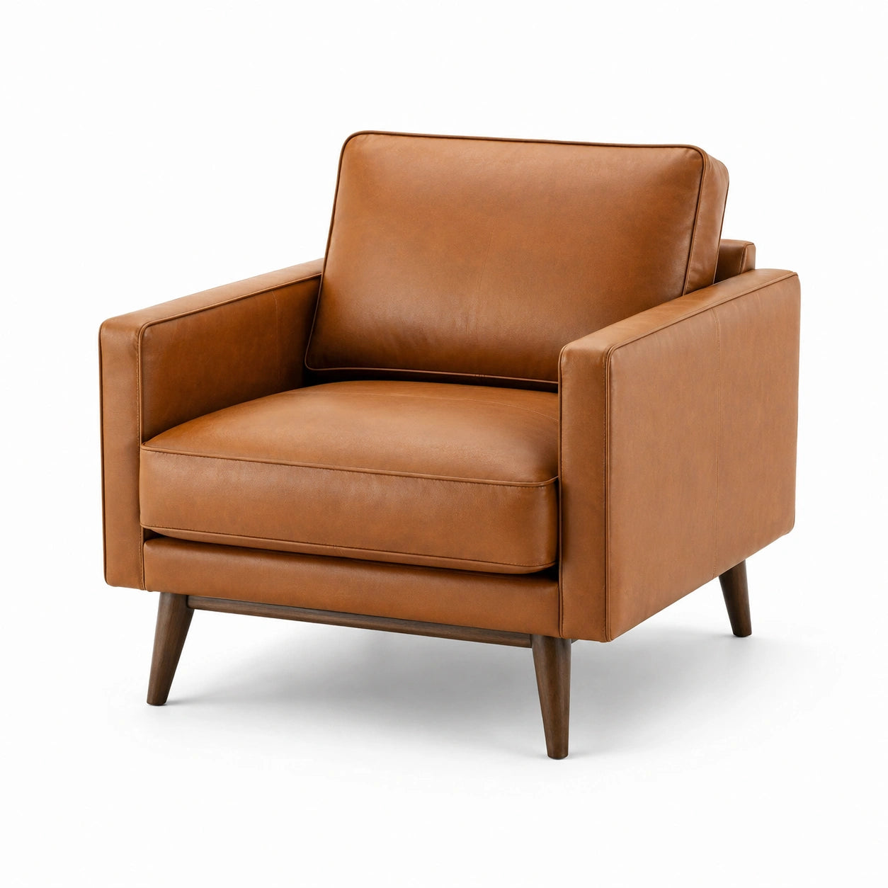 Fauteuil en cuir marron avec pieds en bois massif