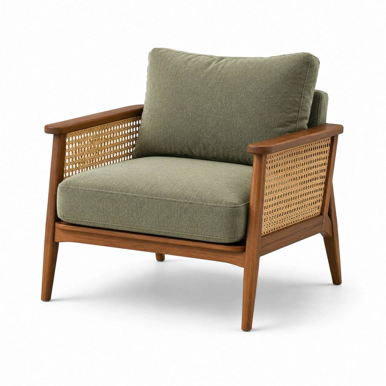 Fauteuil en bois et rotin avec coussins en tissu polyester vert