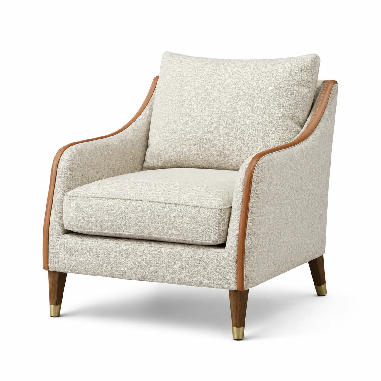 Fauteuil tissu beige accoudoirs en bois