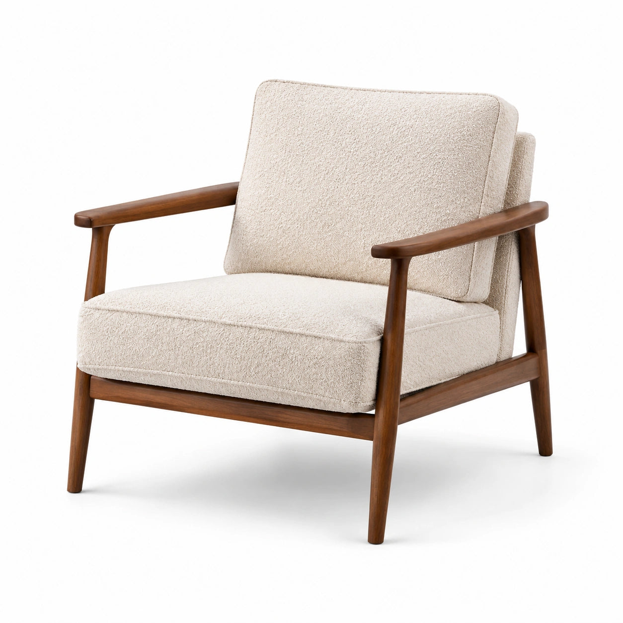 Fauteuil en bois et tissu bouclé beige