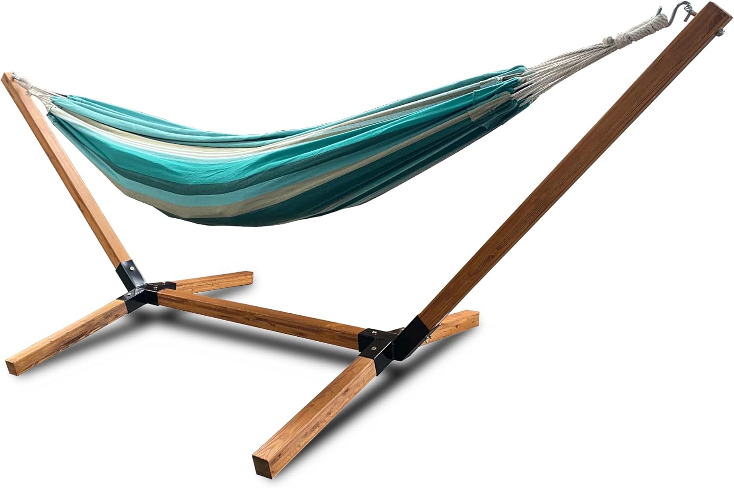 Hamac, Charge maximale: 150 kg, Chaise longue de jardin avec support en bois – Rijoka, Turquoise/Beige, 270 x 100 x 95 cm