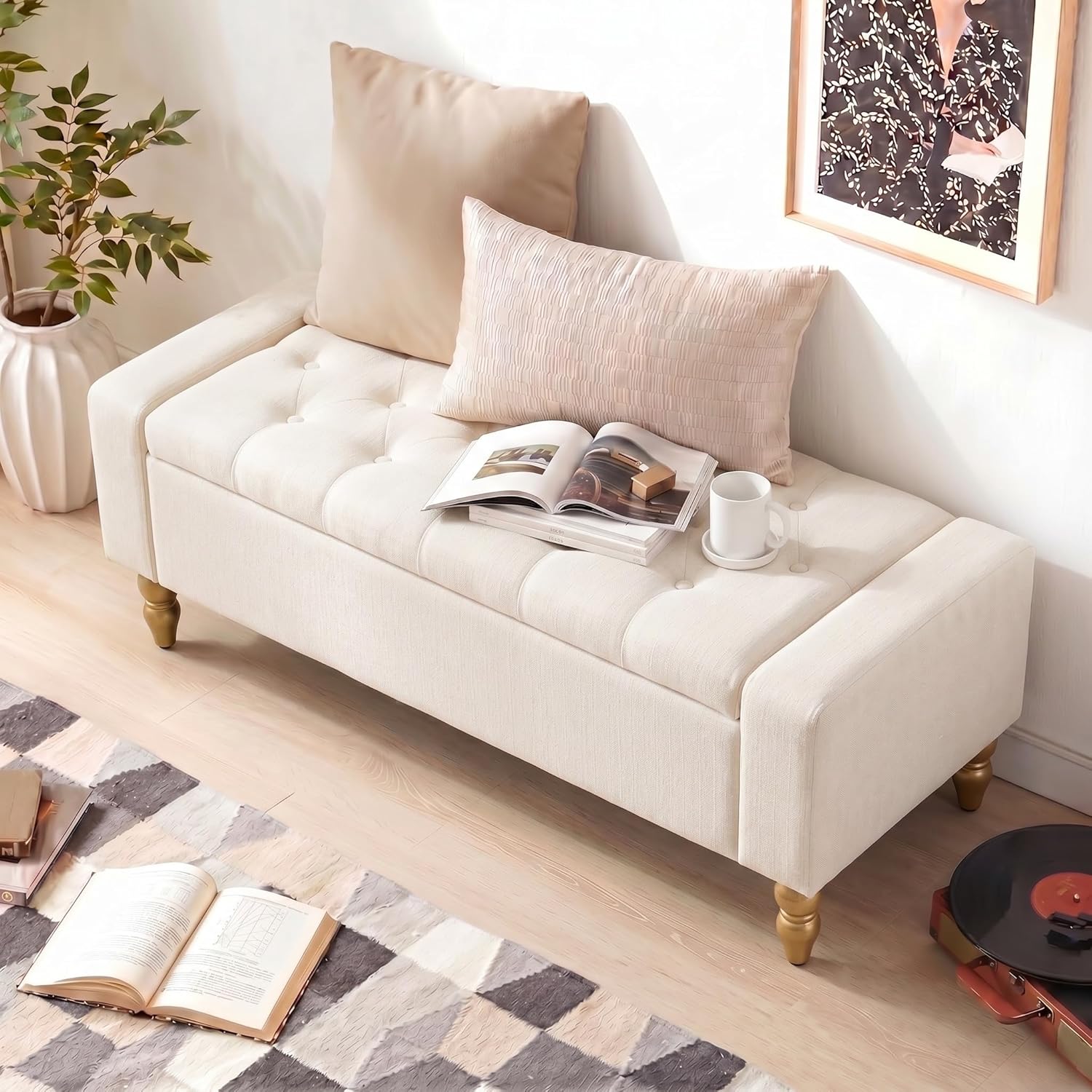 Ottoman de Rangement avec Coussin, Banc de Rangement pour Salon – Hellove, Entrée, Chambre, Grand Espace de Stockage, Beige