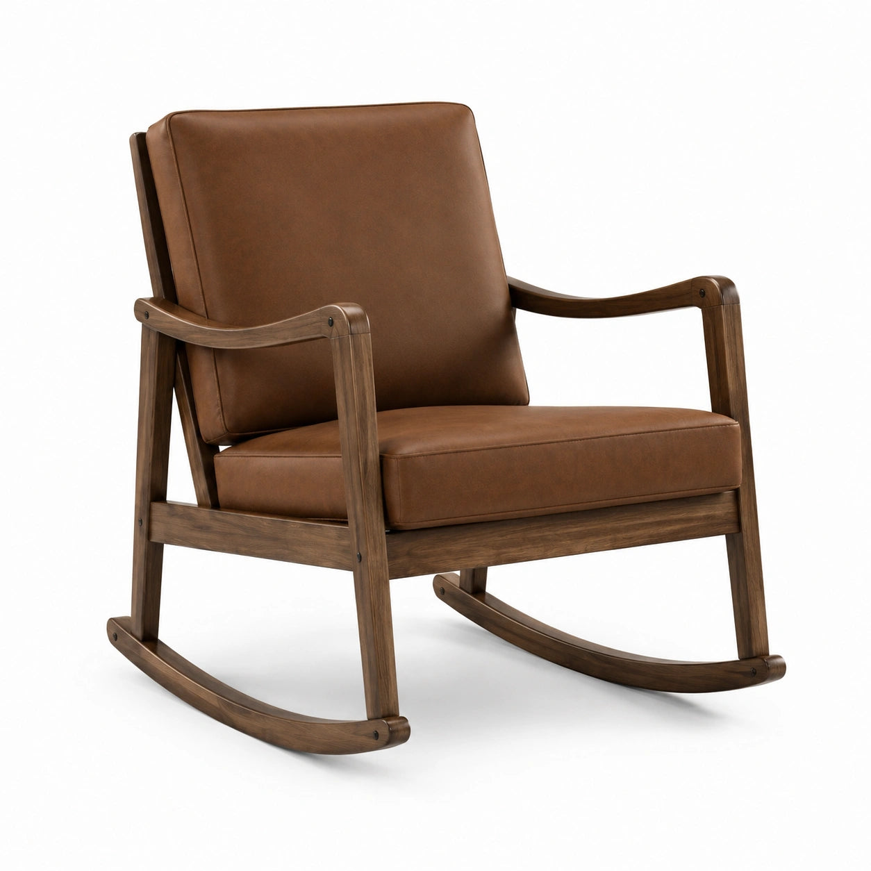 Fauteuil à bascule en bois et cuir synthétique marron