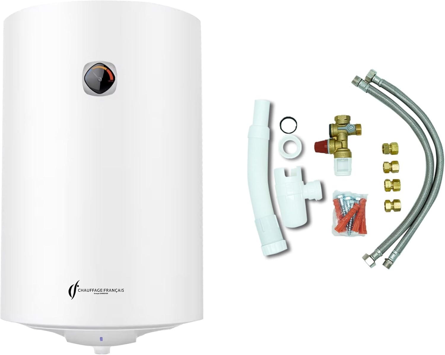 Sannover Thermique, Chauffe-eau électrique, Chauffe Eau Electrique Mural Vertical Blindé Bypso Sannover 50 Litres + Kit d'Installation, Blanc