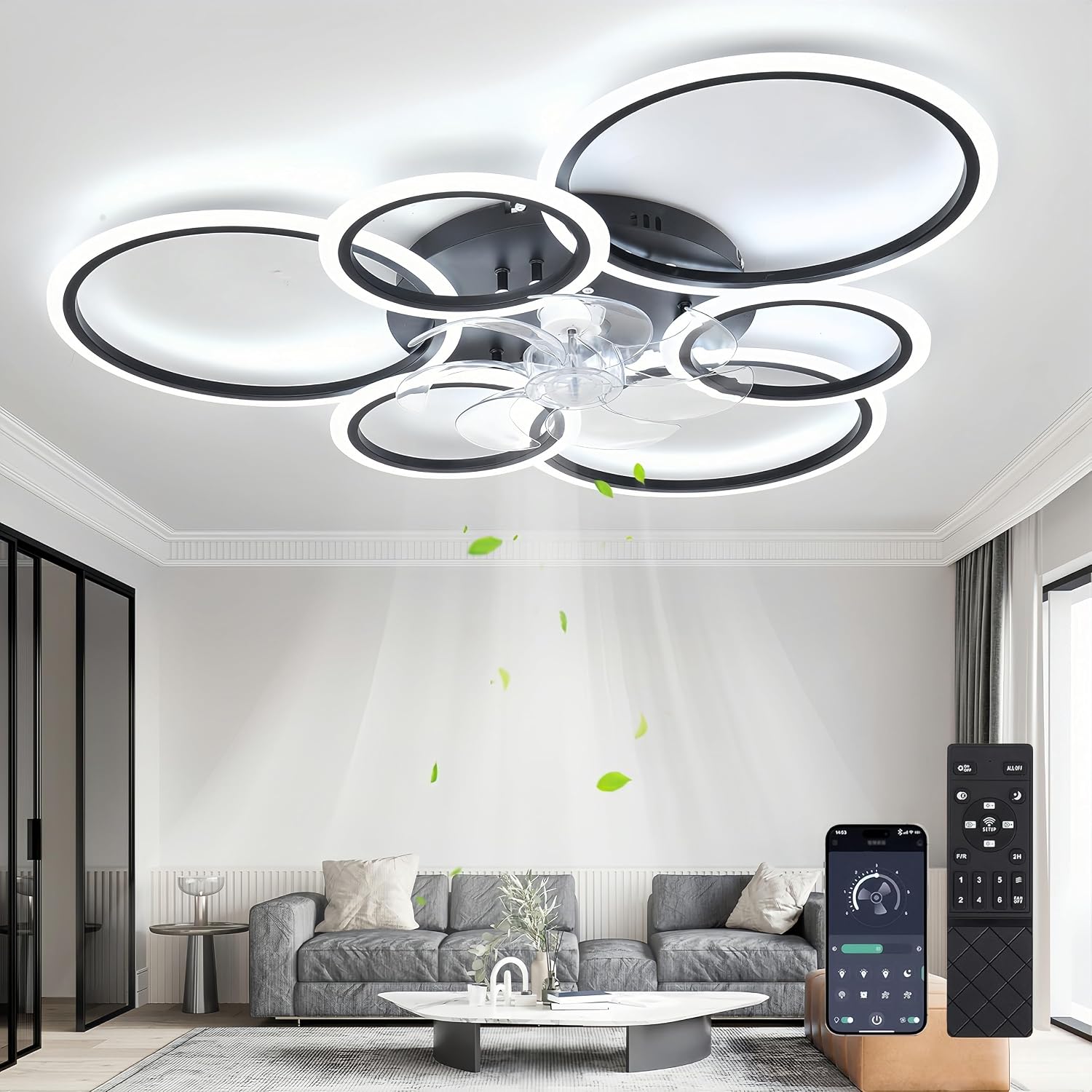 MiiR Ventilateur De Plafond Avec Lumière LED À Intensité Variable Et Télécommande, 6 Vitesses, Noir/Blanc, 85 Watts, 6800 Lumens, Noir, Minuterie