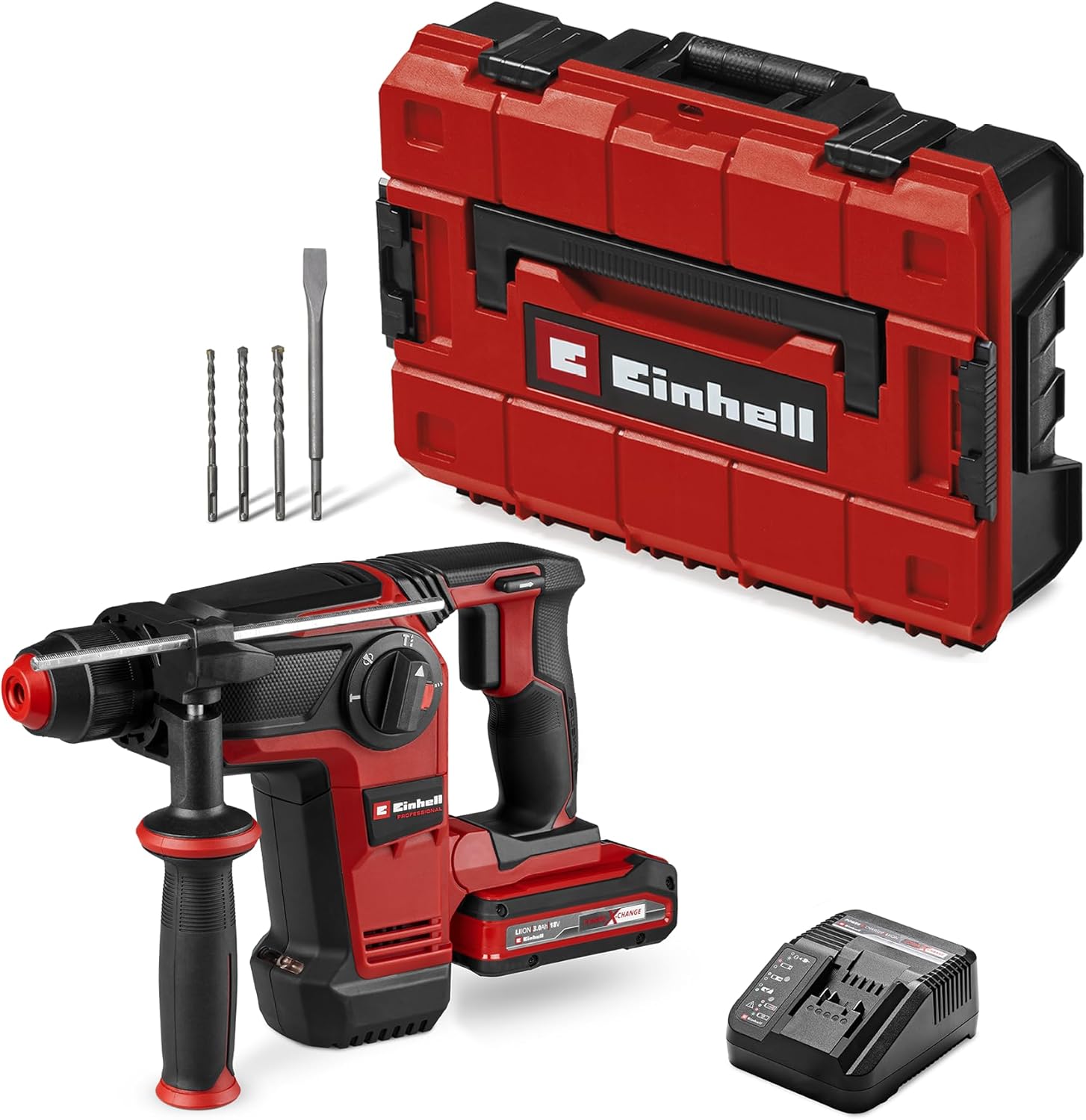 Professional Marteau perforateur sans fil TP-HD 18/28 Li BL +4, avec batterie 3, 0 Ah Plus et chargeur) – Einhell, Rouge/Noir, 1 x 3, 0 Ah+, 3 J