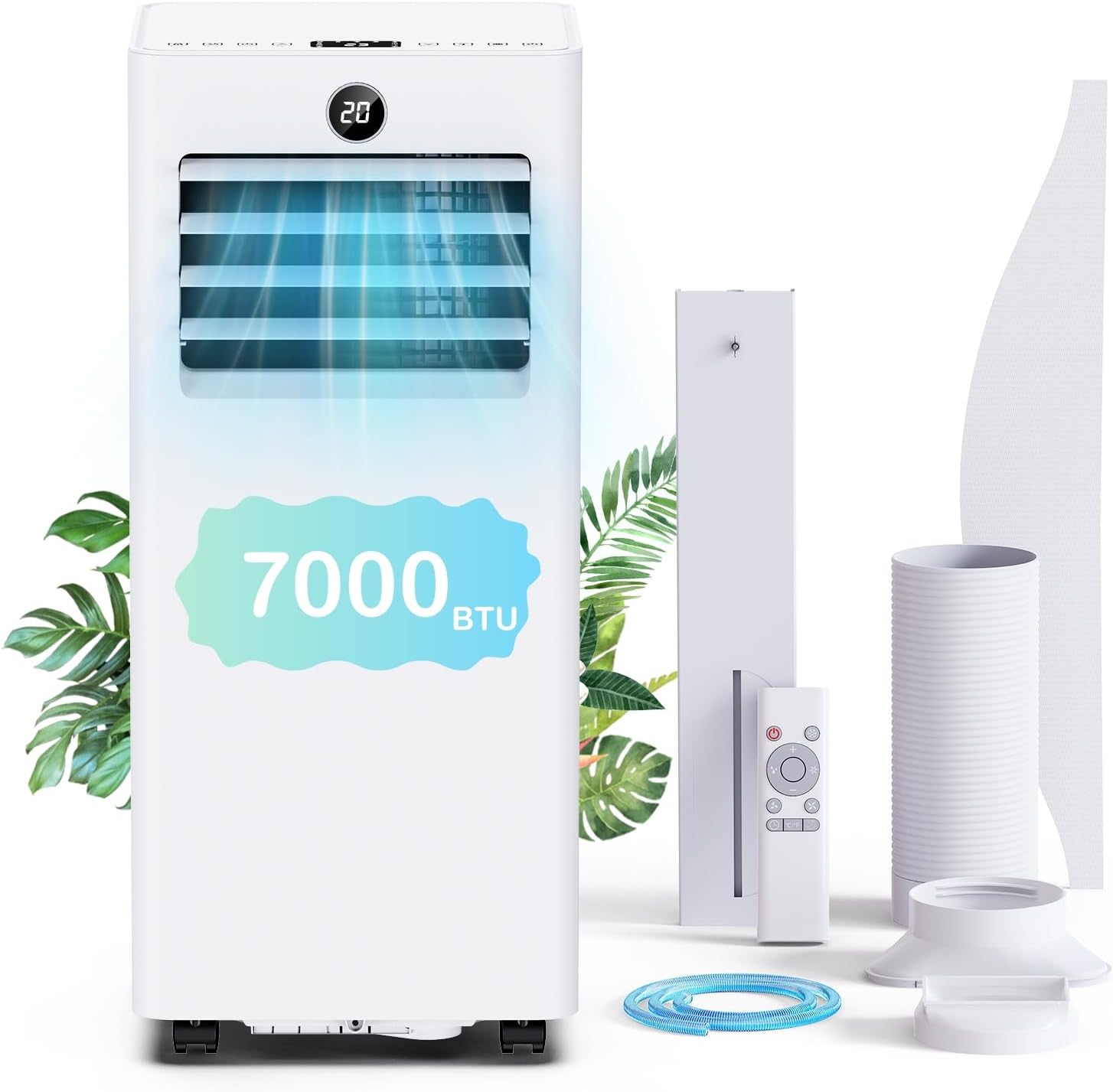 TOIOVCU 000BTU Climatiseur Mobile 7 000BTU, Minuterie 24h, Climatiseur Portable Silencieux avec Kit Fenêtre et Télécommande, Blanc
