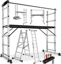 tectake, Échafaudage, ® Échelle Multifonction 3 en 1 Échafaudage Roulant en Acier Plateforme de Travail, Argent/Noir